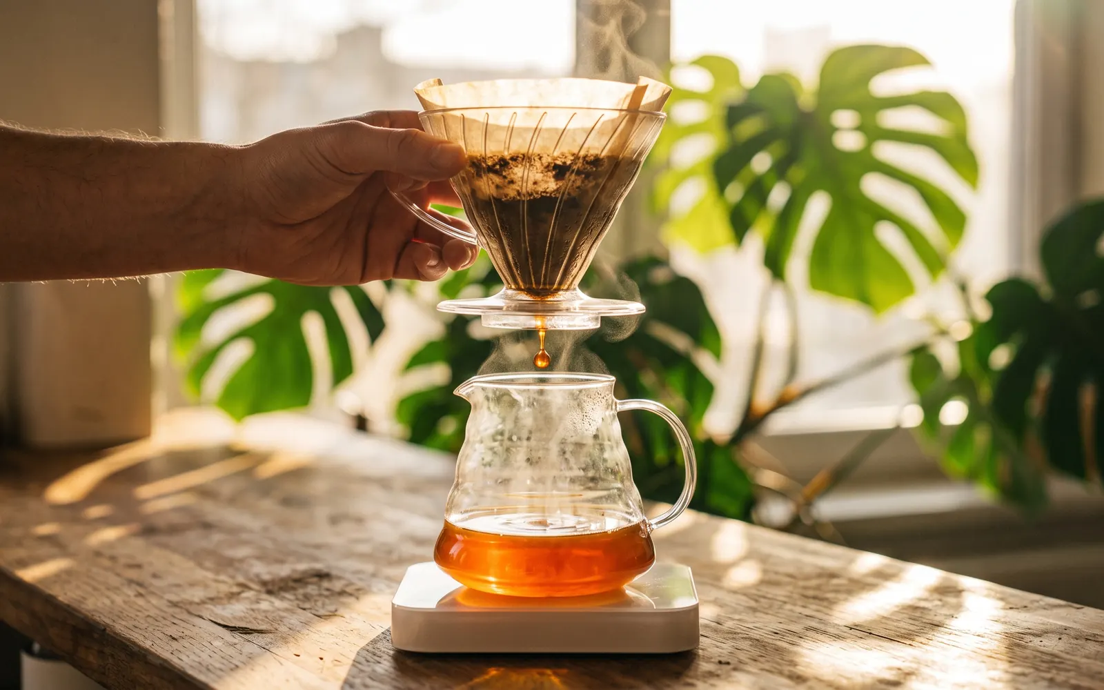 A pour-over brewing into a glass server on a sunlit wooden table