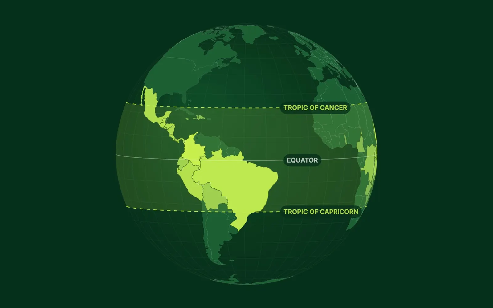 A globe with the coffee belt marked between the Tropic of Cancer and the Tropic of Capricorn