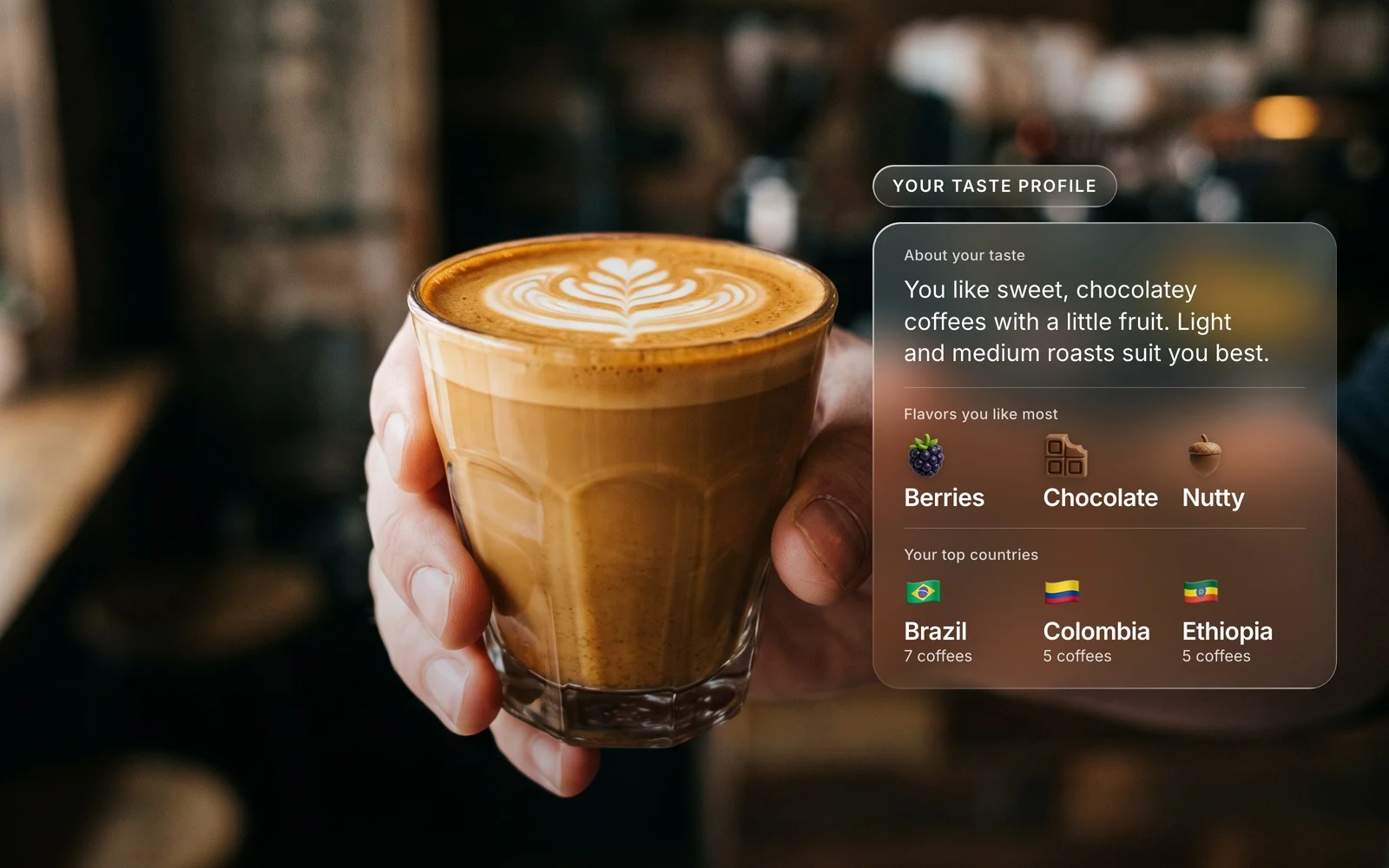 A latte held up in a cafe next to a Siip taste profile: about your taste, the flavors you like most (berries, chocolate, nutty) and your top countries (Brazil, Colombia, Ethiopia)