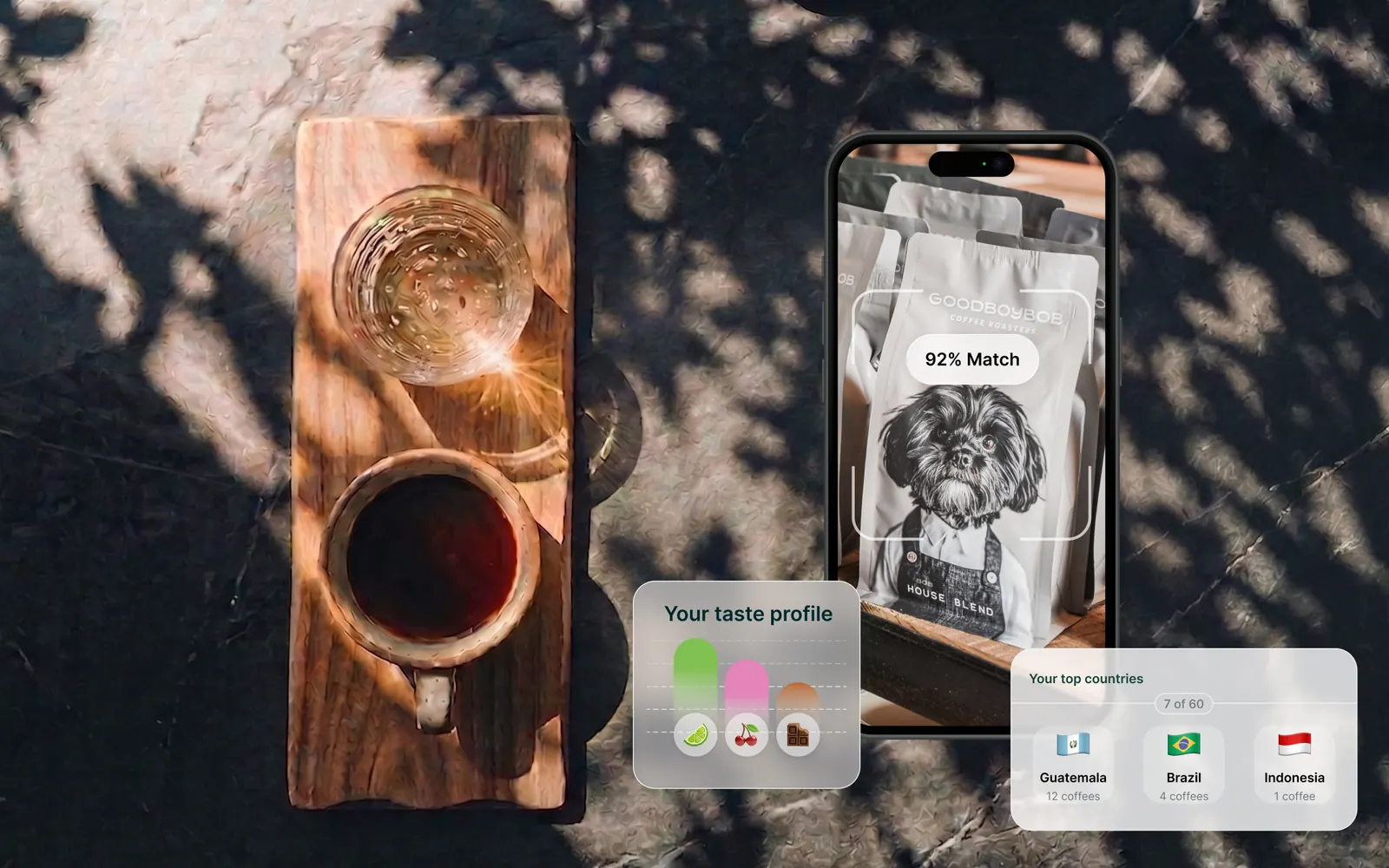 A cup of coffee on a wooden board next to the Siip app scanning a bag of coffee
