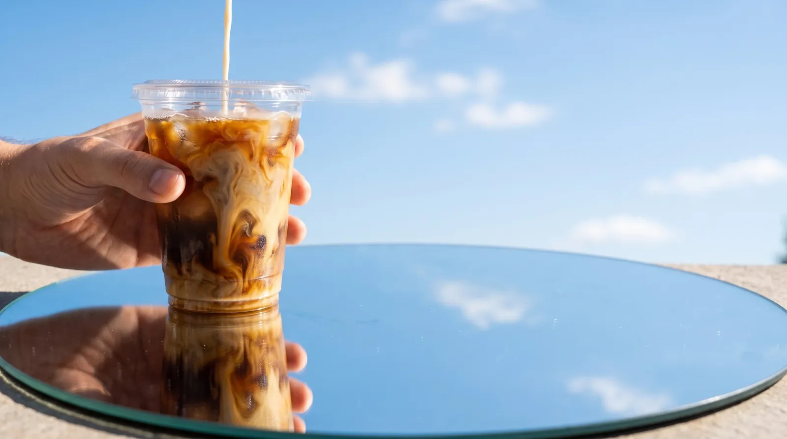 Milk being poured into an iced coffee in a to-go cup, held over a mirror that reflects the sky