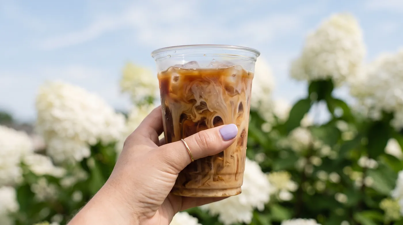 A hand holding an iced latte in a to-go cup in front of white flowers