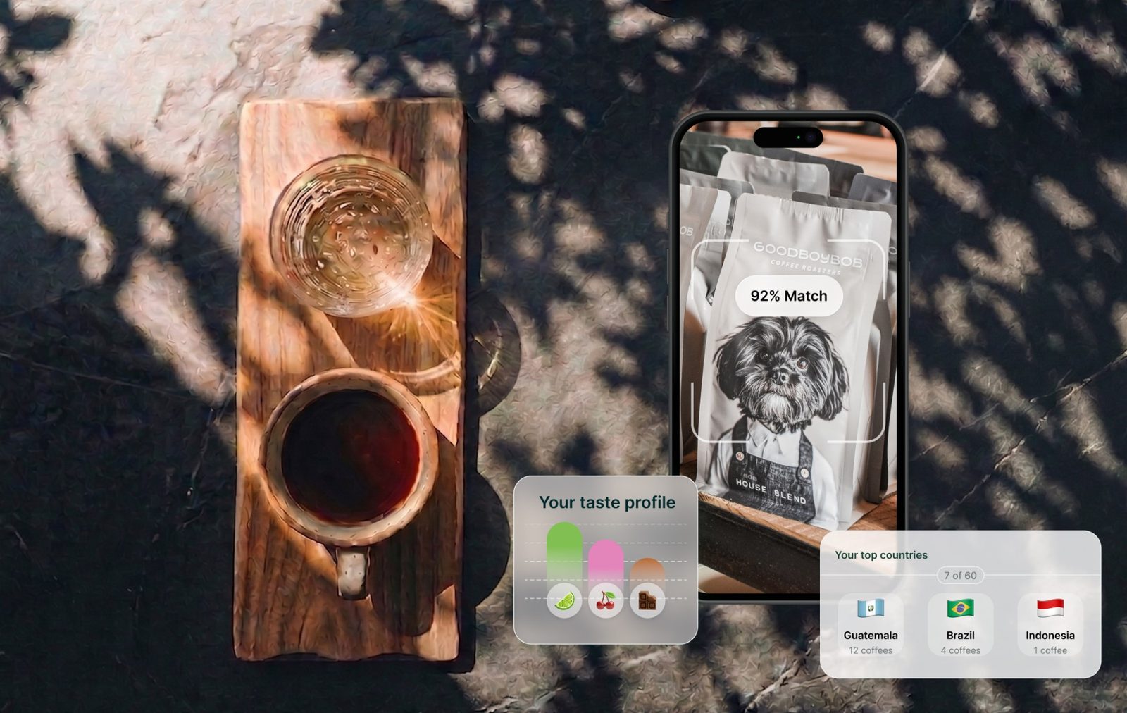 The Siip app scanning a Goodboybob Coffee Roasters bag and showing a 92% match, beside a taste profile and a list of top countries, next to a cup of coffee on a wooden tray.