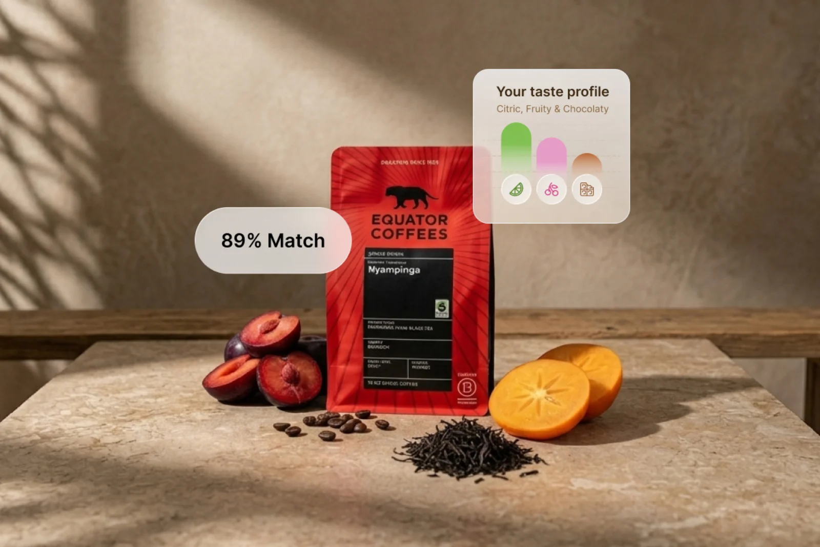 Equator Coffees Nyampinga bag with 89% match score and citric, fruity, chocolaty taste profile