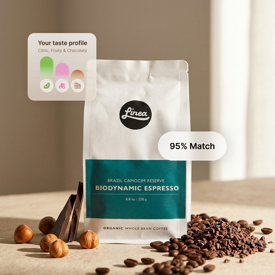 Línea Caffe specialty coffee bag with personalized match score on Siip