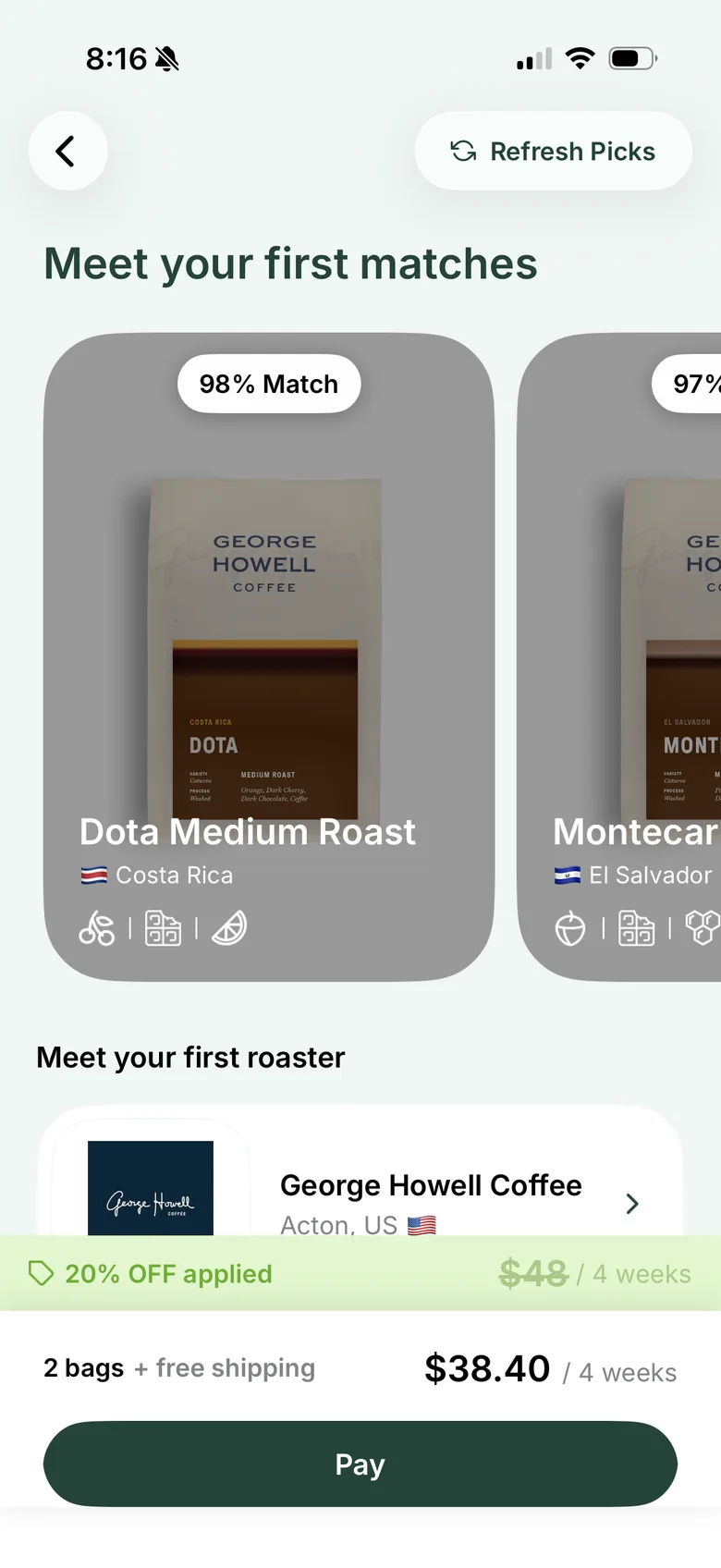Siip app screen titled Meet your first matches, showing two George Howell coffees with 98% and 97% match scores and the price for two bags with free shipping