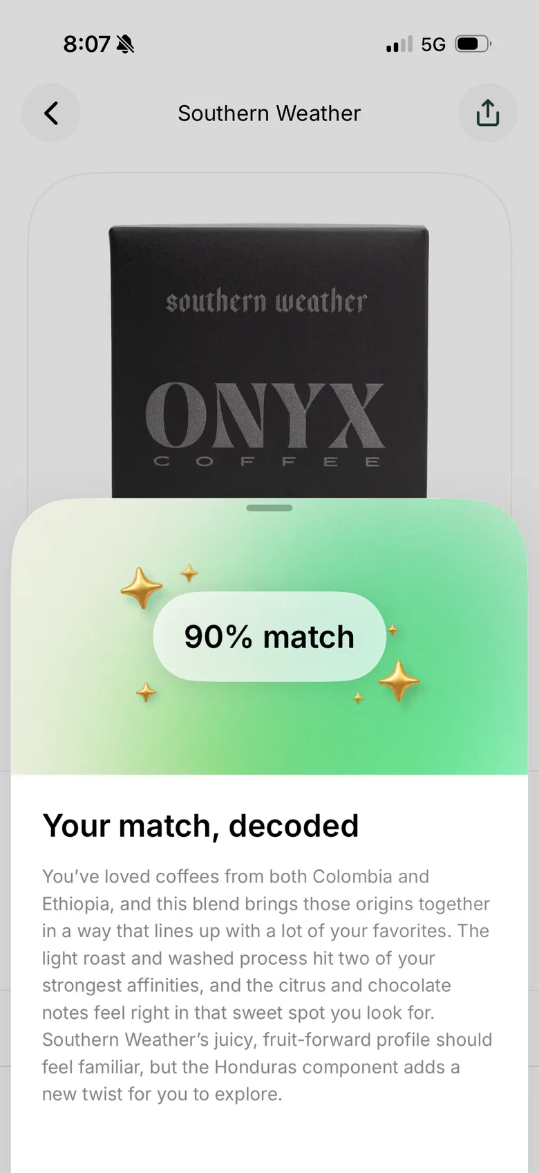 Siip app screen titled Your match, decoded: a 90% match for Onyx Southern Weather, with a paragraph explaining which origins, roast and flavors fit the user's taste