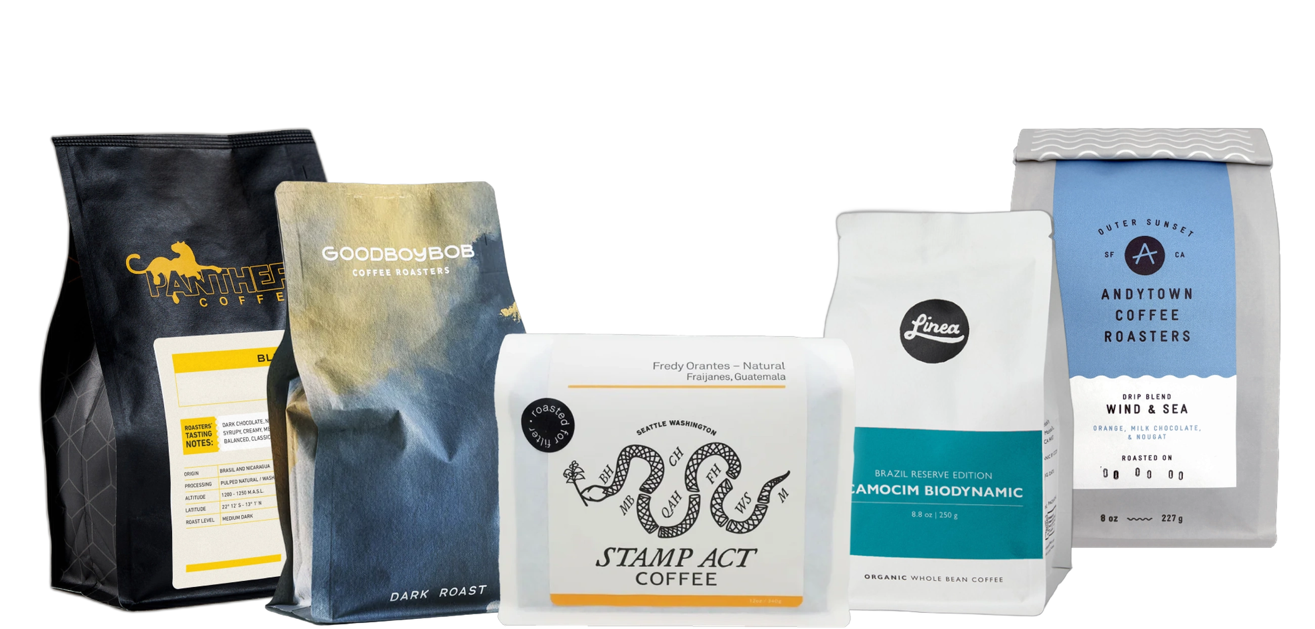 Siip specialty coffee subscription bags from Panther, Goodboybob, Stamp Act, Linea, and Andytown with personalized match scores